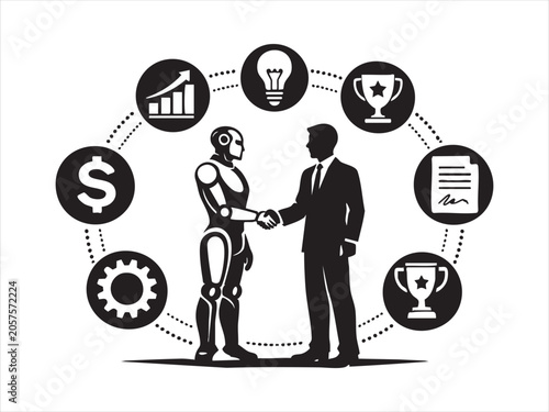 Artificial Intelligence and Human Collaboration Futuristic Business Partnership Vector Illustration