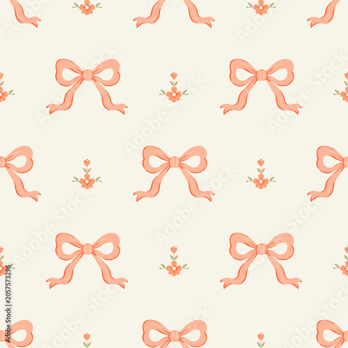 Obraz na płótnie Seamless Bow Pattern with Cute Ribbon and Floral Elements on Neutral Background, Feminine Decorative Surface Design for Fabric, Wallpaper and Gift Wrap