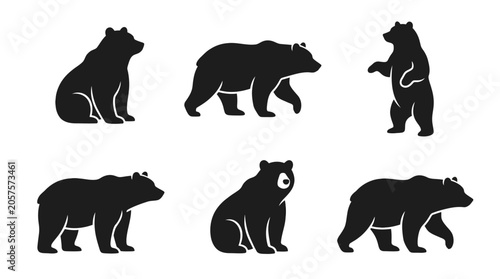 Black bear silhouettes walking and sitting in minimalist flat design vector style