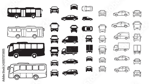Transportation Masterplanning Scale Figures – Silhouette and Outline Vehicle Elevation Vector Assets