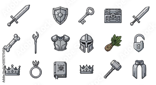 Canvas-taulu A diverse set of fantasy RPG item icons, including swords, shields, armor, and chests, all meticulously crafted in a grey pixel art vector style