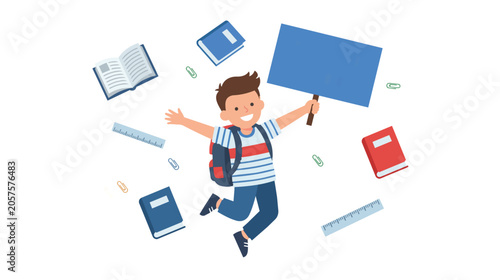 Cute Student with Empty Banner Surrounded by School Supplies Vector