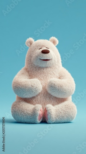 Cute Meditating Bear Character On Blue Studio Background