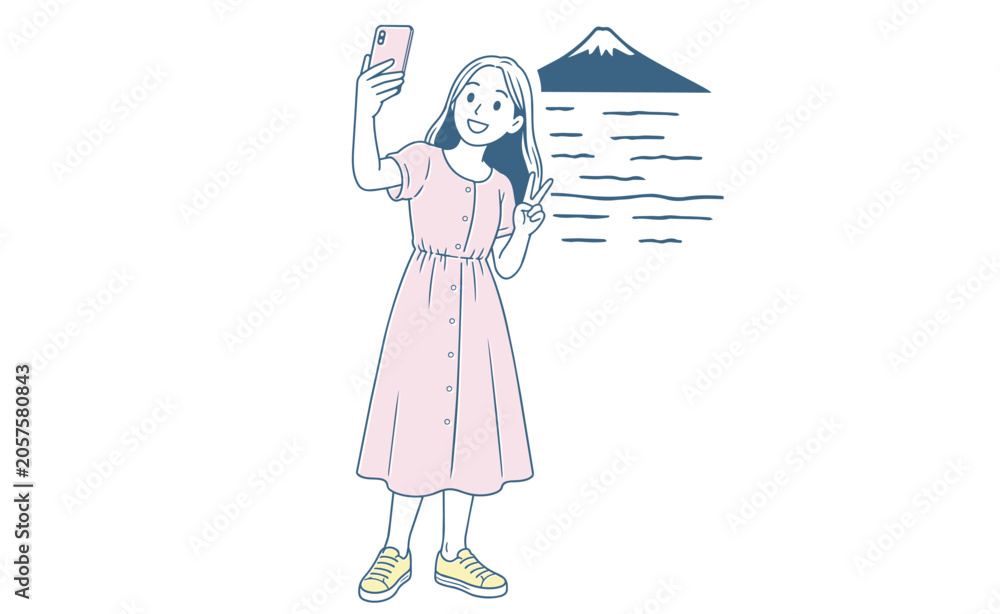 Fototapeta premium 富士山を背景に自撮りする女性 A woman taking a selfie with Mount Fuji in the background.
