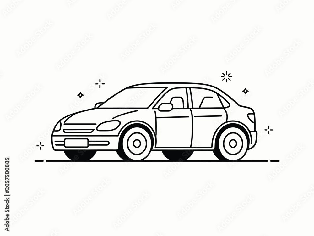 Fototapeta premium Modern Sedan Car Outline Drawing – Minimalist Line Art Vector Illustration
