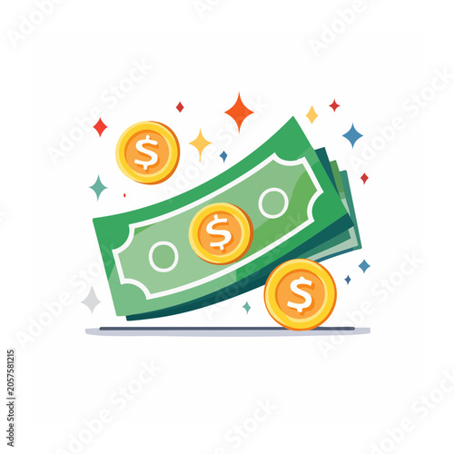 Flat design stack of dollar bills in green blue and orange