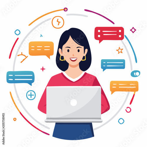 Woman communicating online with chat bubbles and laptop
