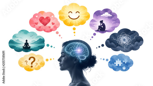 Fototapeta Emotional Mind Mapping With Thought Clouds Around Human Head Silhouette | Mental Health Concept With Mixed Feelings And Ideas Visualization | Psychology Illustration Of Brain And Emotions Connection D
