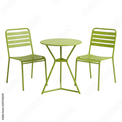 Modern lime green metal bistro set with two chairs and a round table isolated on transparent background