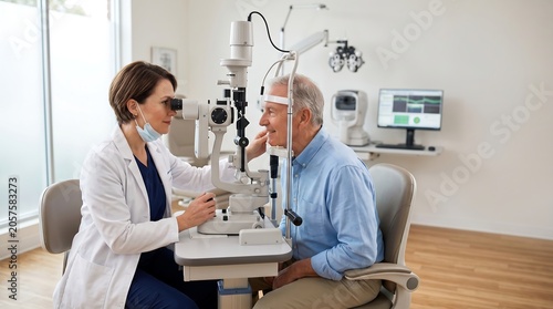 An ophthalmologist examines an elderly man's eye with a slit lamp in a modern clinic.
