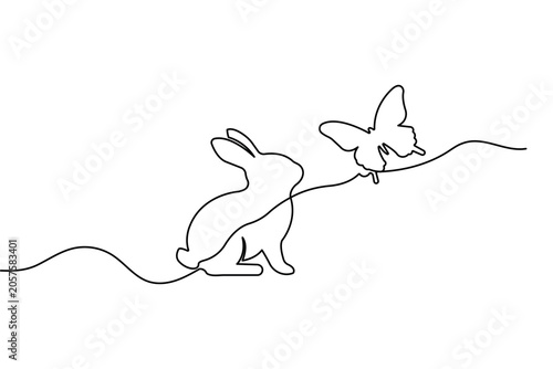 Rabbit and butterfly icon continuous one line art vector design element