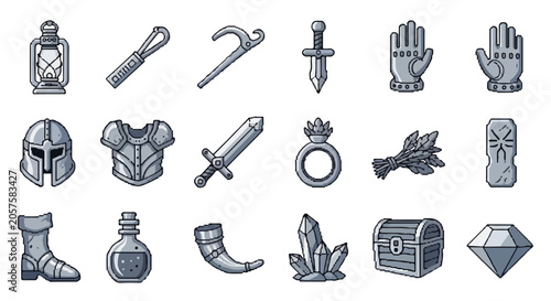 Φωτογραφία A collection of eighteen stylized vector icons depicting various fantasy RPG loot items such as armor, weapons, potions, and treasures in a blue-grey theme