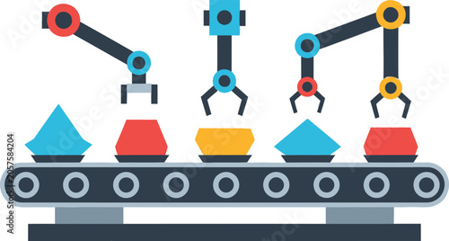 Foto Robotic arms working on conveyor belt.