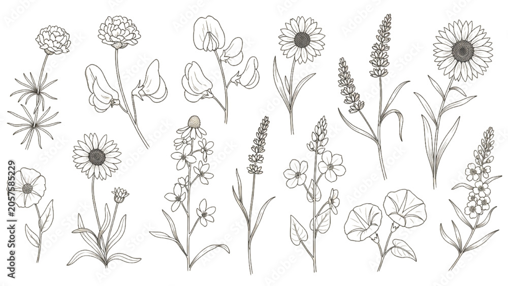 Fototapeta premium Coastal Dune Wildflower Line Art Vector Collection for Landscape Architecture Planting Plans