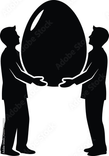 Two men collaborating to carry a large new creative egg vector illustration