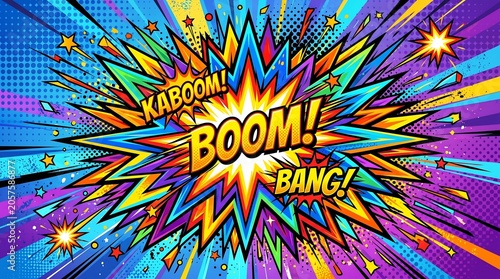 Explosive colorful fireworks display with text boom bang.