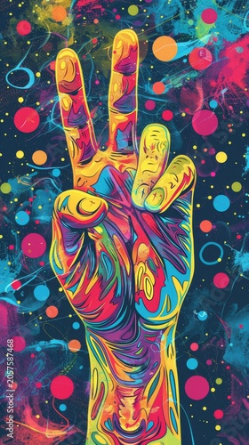 Psychedelic Peace Hand Gesture With Vibrant Abstract Background