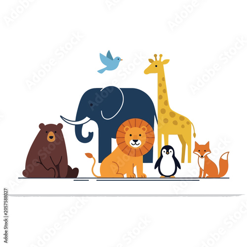Photography Group of cute cartoon animals including elephant and lion with wildlife