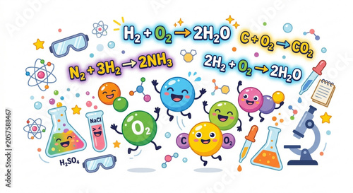 Playful chemistry illustration featuring cartoon atoms, molecules, and chemical equations for elementary science education and STEM learning materials