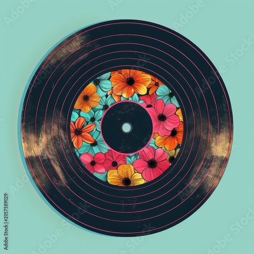 Retro LP Disc Decorated By Colorful Blooming Garden Flowers
