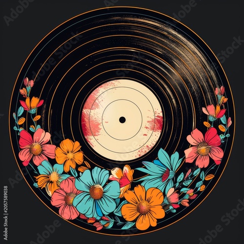 Floral Vinyl Record With Vibrant Botanical Music Art Design