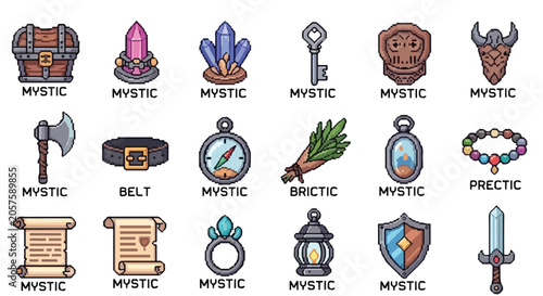 Foto A collection of eighteen pixel-art fantasy RPG item icons, including weapons, crystals, and artifacts, set against a clean white background