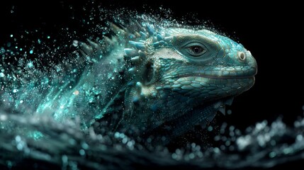 Iguana Emerging Through Water Splash in Dramatic Dark Light