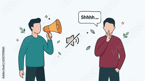 Cuadro en lienzo Two men communicating with a megaphone and finger to mouth in a quiet environmen
