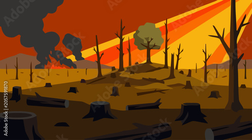 Fotografija A devastating forest fire rages across a barren landscape with stumps, trees, and smoke