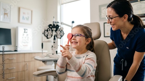 A young girl with glasses undergoes an eye exam, with an optometrist guiding her through the vision test.