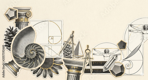 Vintage Editorial Collage of Golden Ratio and Sacred Geometry, Mathematical Harmony and Classical Design Concept for Educational Banner with Copy Space