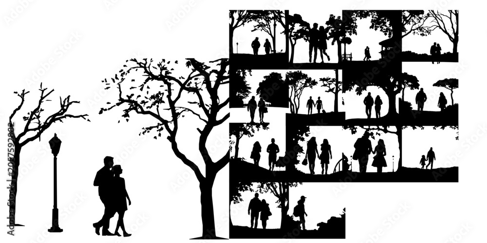 Obraz premium Couple Strolling in a Park Silhouette