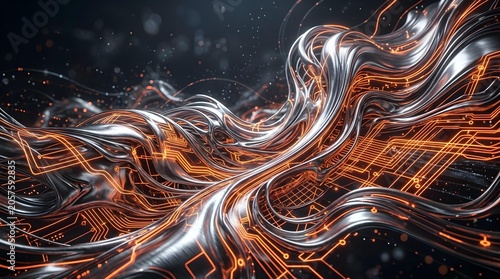 Abstract fluid metallic waves glowing with orange circuit patterns on a dark futuristic background