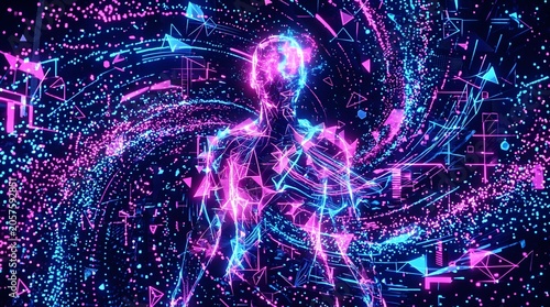 Abstract glowing digital human emerging in vibrant neon data streams on a dark background