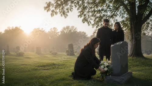 Quiet Graveside Moment flowers couple cemetery headstones trees grassy field serene somber reflective