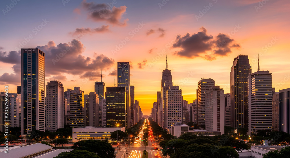 Fototapeta premium City skyline at sunset with tall buildings and dramatic sky