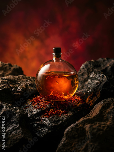 Transparent bottle of liquid on dark rocks with red background