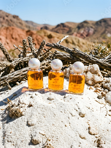 Three perfume bottles on textured surface with landscape background