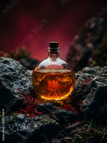 Transparent bottle of liquid on rocks with warm lighting and soft focus