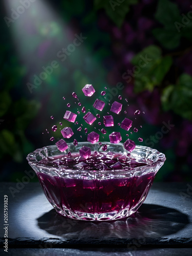 Transparent bowl with floating cubes of purple substance illuminated by light