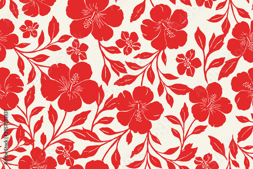 Bold red hibiscus flowers and leafy branches create a vibrant seamless tropical pattern on a soft cream background, perfect for fabric, wallpaper, and decor.