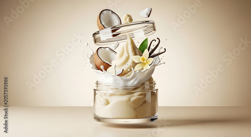 Vanilla coconut dessert composition creamy treat with transparent background