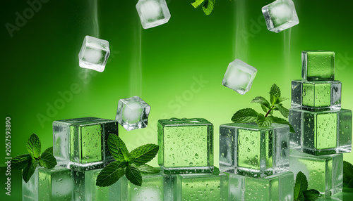 Transparent ice cubes with fresh mint leaves against a vibrant green backdrop