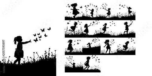 Girl Chasing Butterflies in a Meadow Silhouette