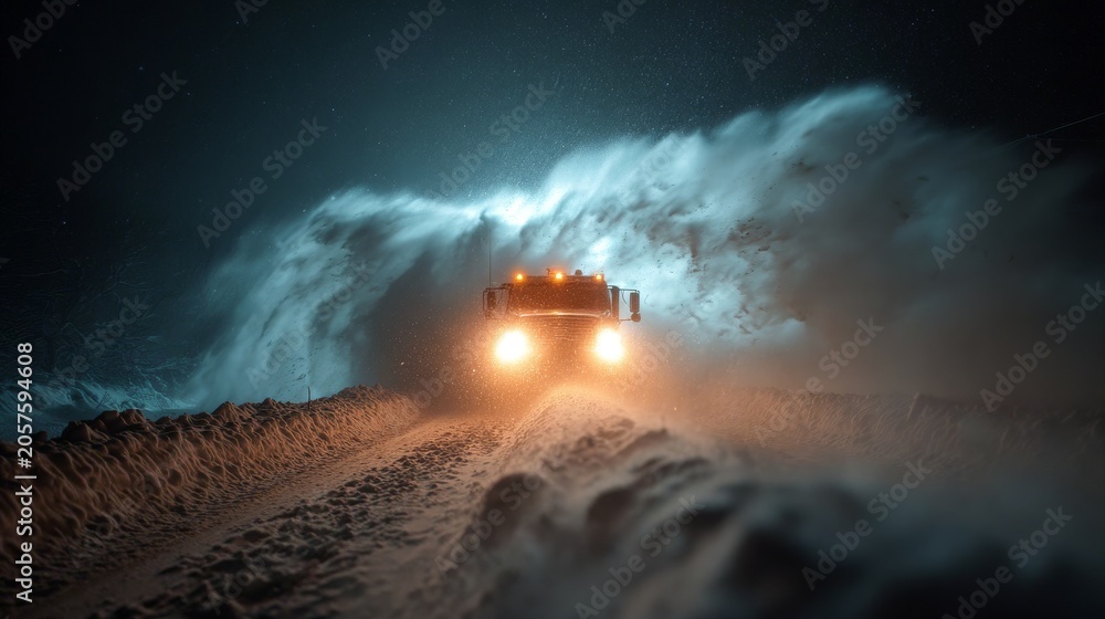 Fototapeta premium Snowplow Battling Intense Blizzard on Mountain Road at Night