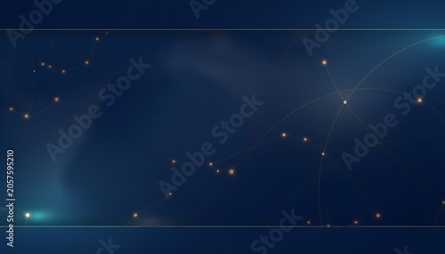 Abstract networking banner background featuring a wide dark blue canvas illuminated with glowing golden particles connected lines and futuristic digital technology nodes