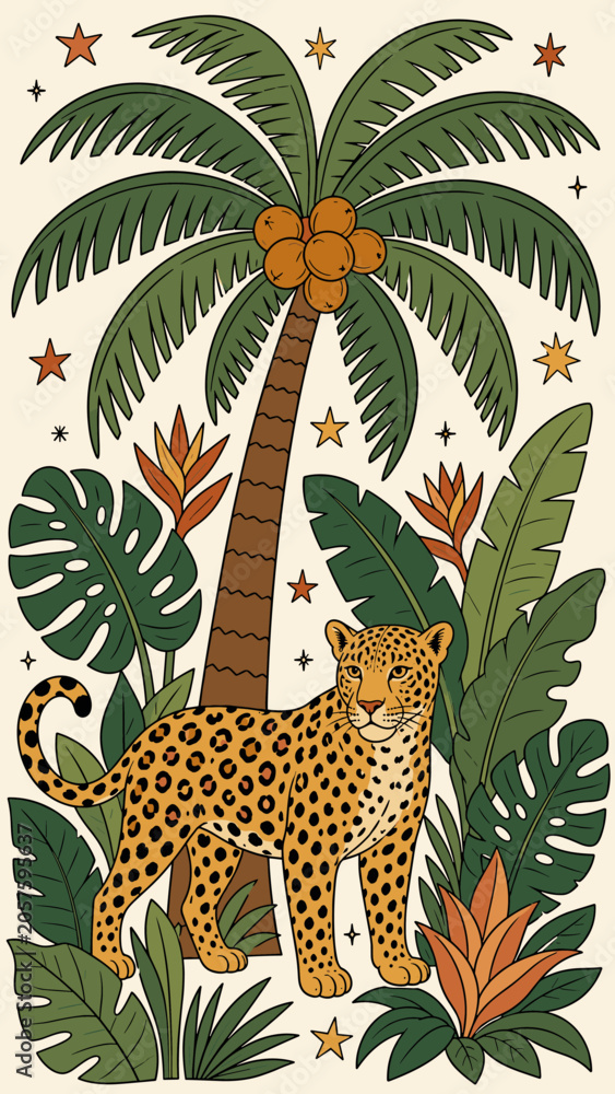 Obraz premium Stylized leopard stands proudly amidst lush tropical foliage and a palm tree