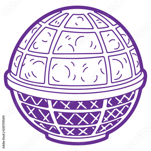 Purple handdrawn mirror ball with geometric patterns isolated on transparent background for festive and celebratory designs