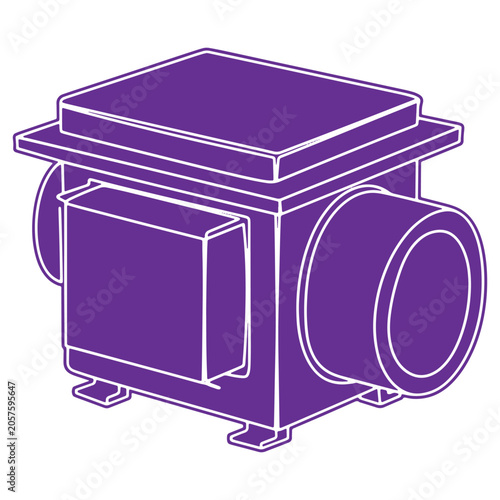 Purple industrial machinery equipment with pipes and square top isolated on transparent background