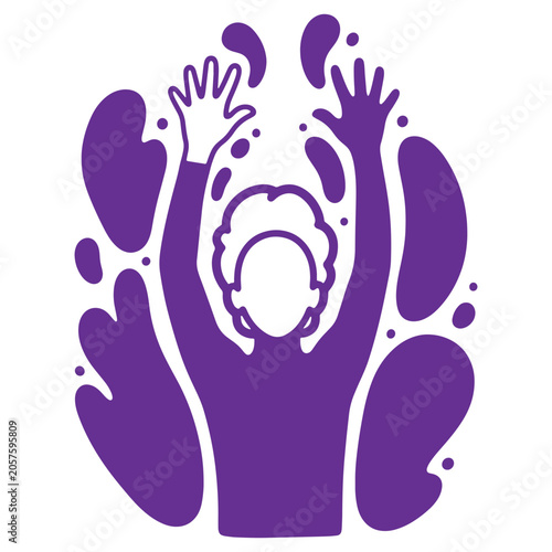 Purple silhouette of person with raised hands in joyful pose isolated on transparent background